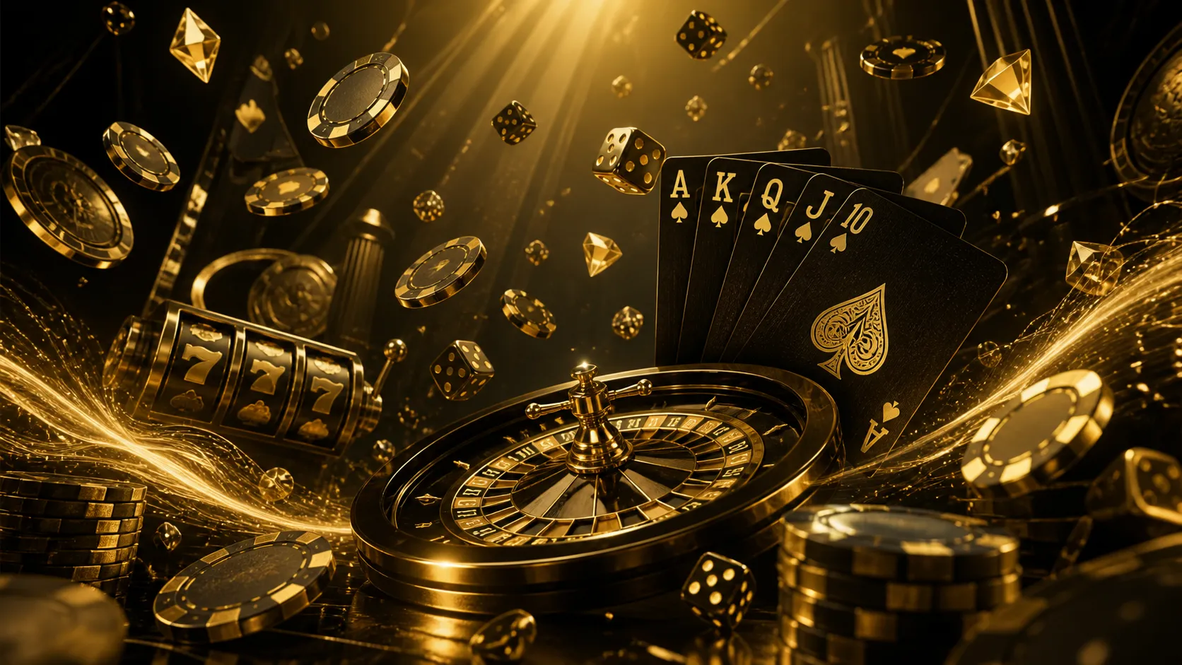 A luxurious and cinematic Betmica casino hero banner featuring glossy 3D poker chips and neon roulette wheel in a cyberpunk a