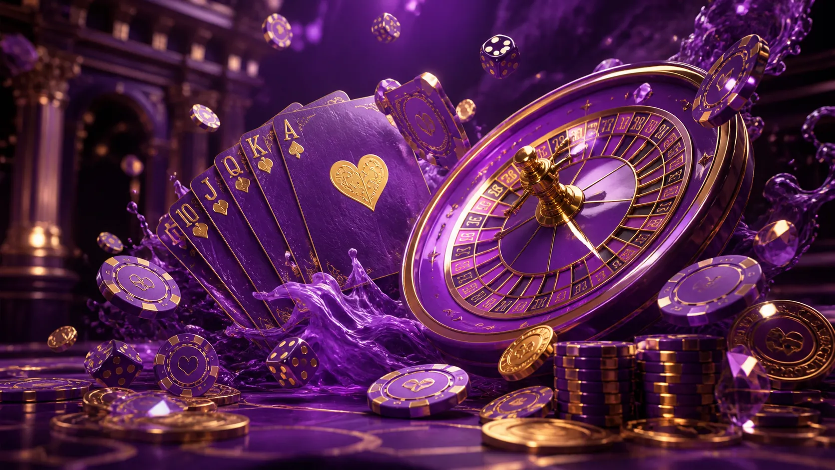 A luxurious cyberpunk-themed casino hero banner with neon elements, featuring floating poker chips and playing cards against 